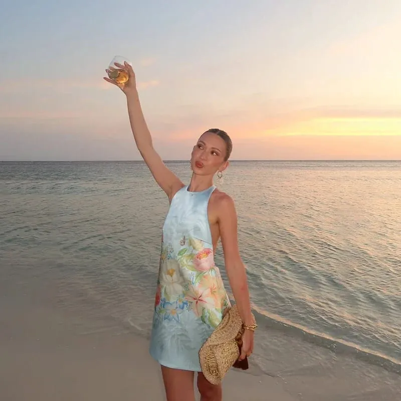 Bohemian Çiçek Baskı Boyundan Bağlamalı Mini Elbise Kadınlar Seksi Kolsuz Backless Kısa Etek Bayan Yaz Parti Tatil Beachwear