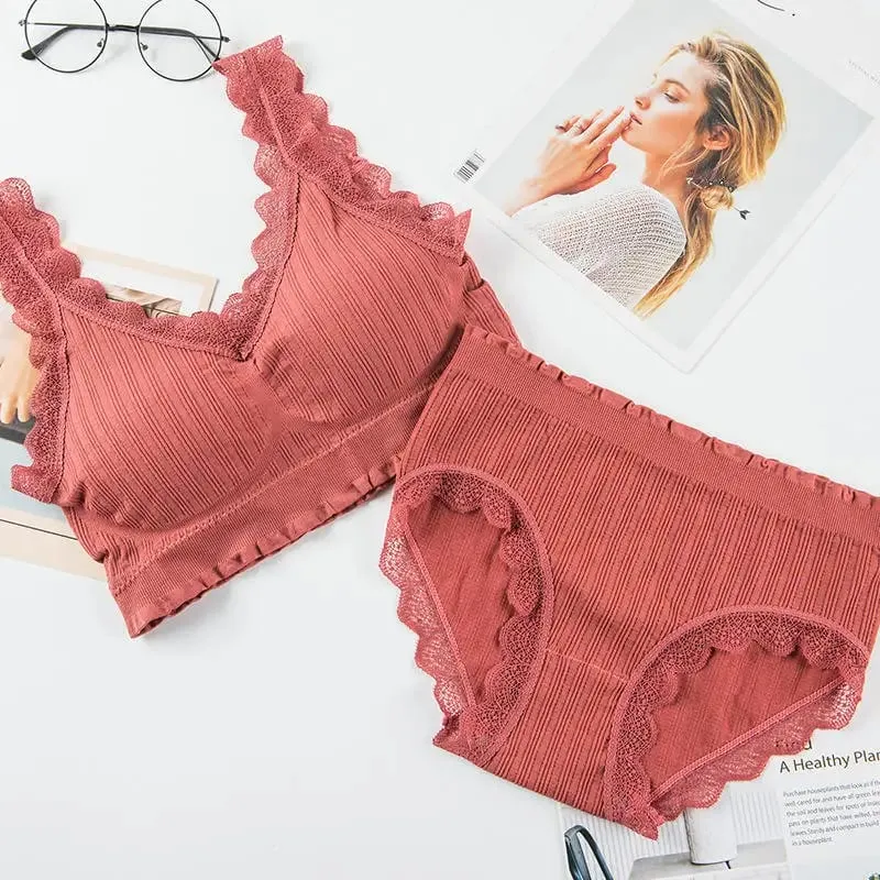 2025 Seamless Lace Back Bra Set U-Shape Sexy V-Neck Women's Underwear Full Cup Fixed Strap Home Clothes No Brand Registered