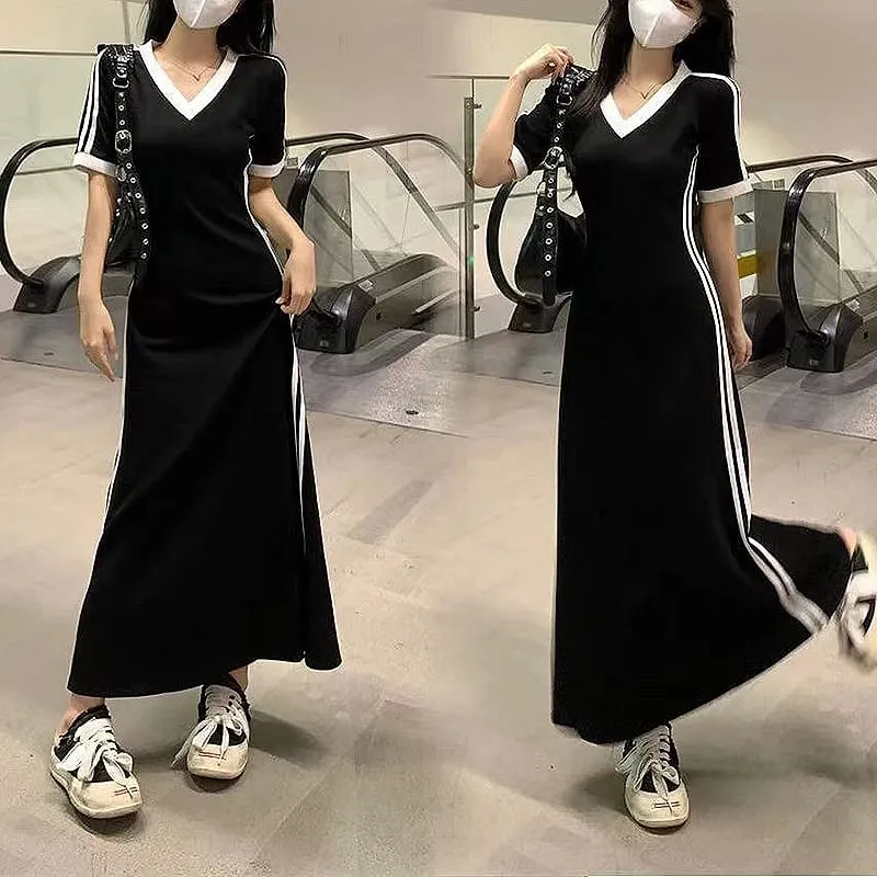 Women Autumn Midi Dress Fashion Patchwork V-Neck Short Sleeve Black Long Skirt High Waist A-Line Dress Sports Ankle-length Dress