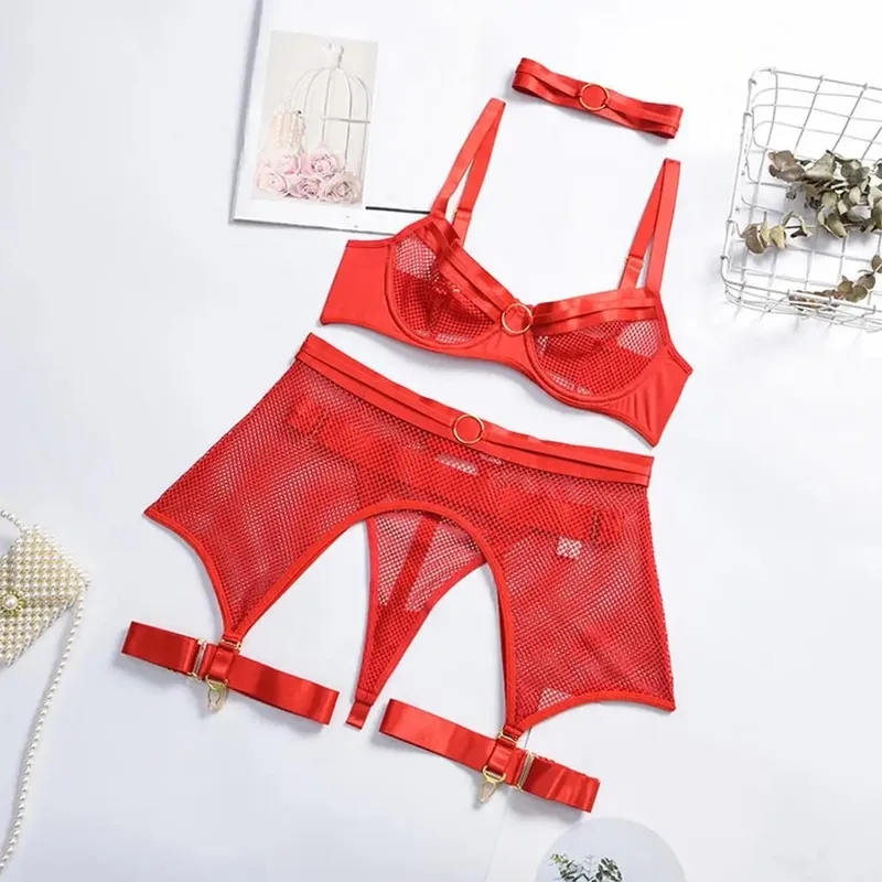Lingerie Women Sensual Underwear Set Mesh Polyester Bar for Valentine's Day Dates Night