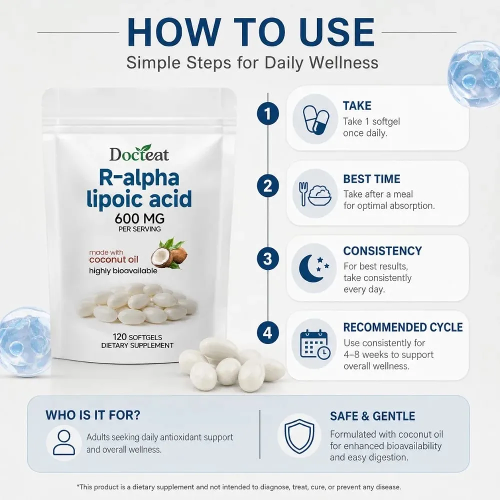 R-Alpha Lipoic Acid Softgels 600 mg Per Serving 120 Count Made with Coconut Oil Convenient Daily Wellness Nutritional Support