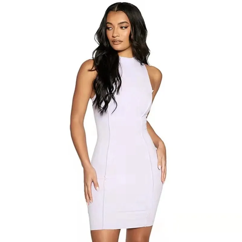Vestido ajustado sexi de verano para mujer, vestido a la cadera, parches lisos, cuello redondo, sin mangas, Mini Vestidos INS de moda de calle alta
