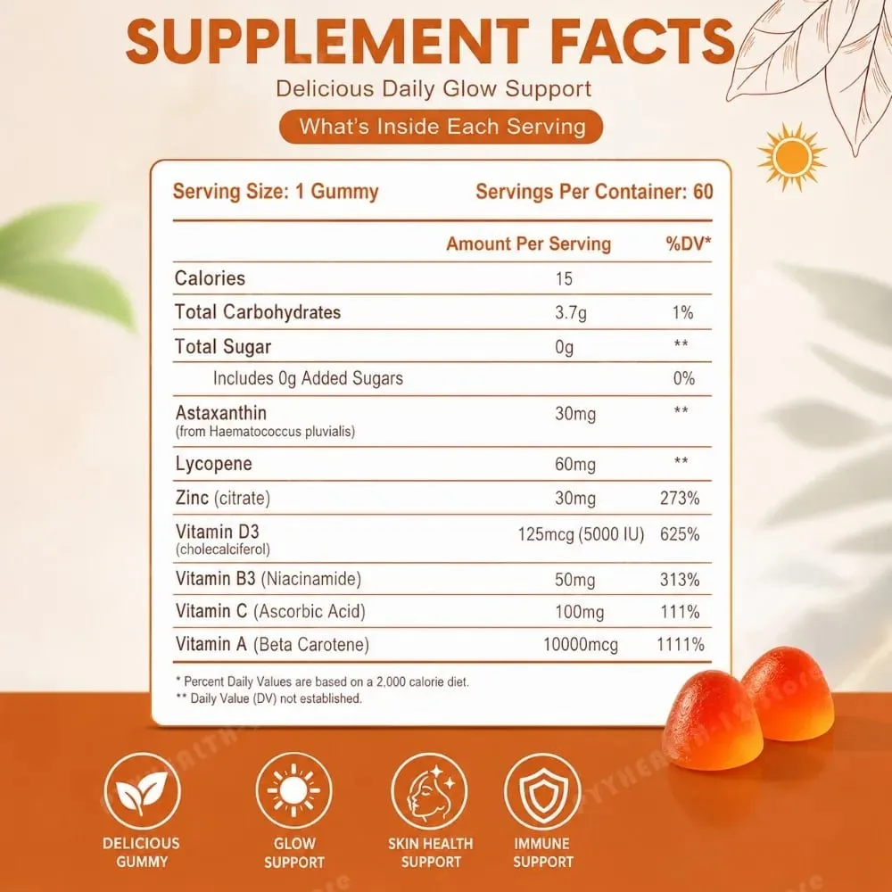 Gomitas bronceadoras para mujeres Respaldo bronceador sin sol Vegano Sin azúcar Astaxantina y licopeno sin OGM 60 unidades