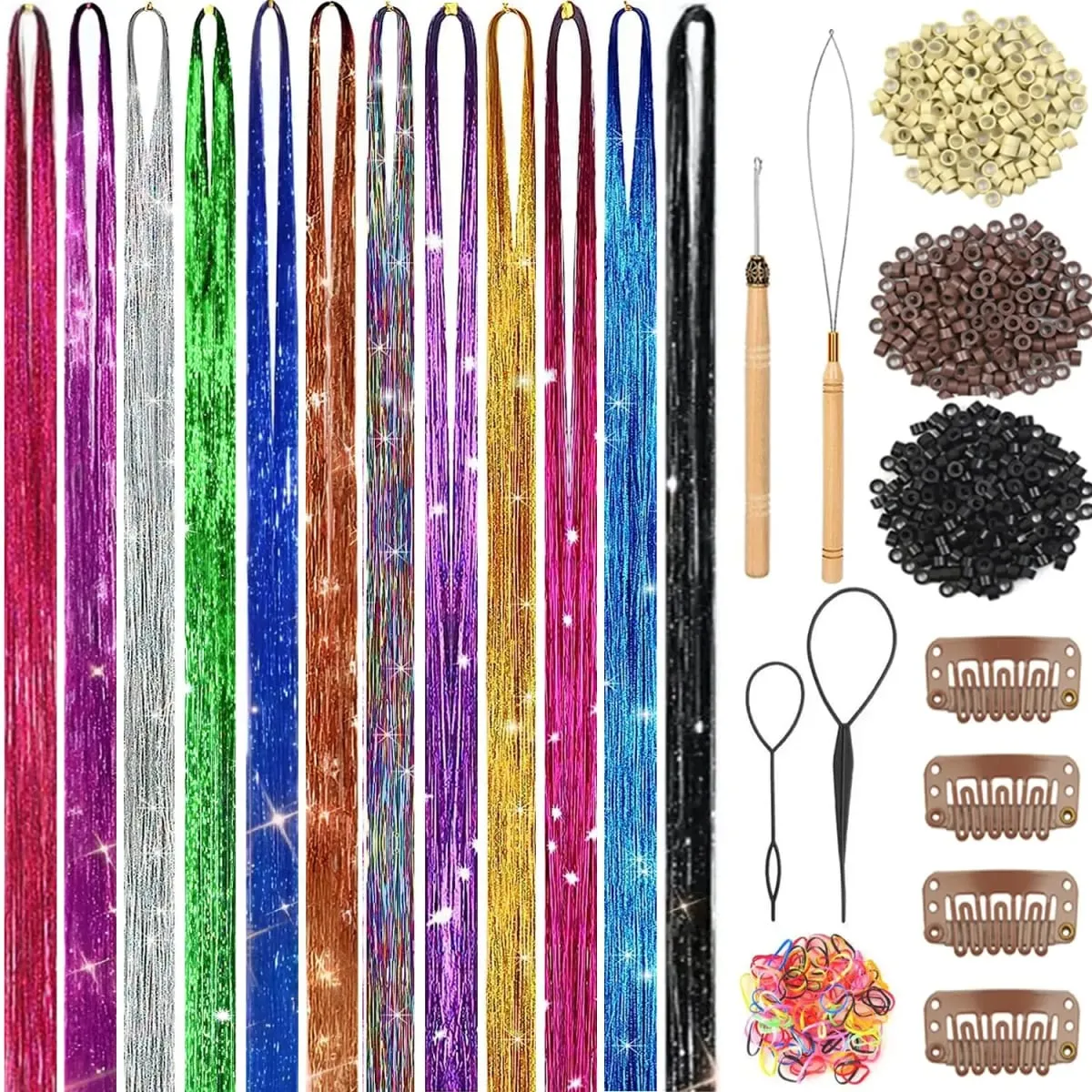Hair Tinsel Kit 6 Pcs 2000 Strands Silver Tinsel Hair Extensions Fairy Hair Tinsel Heat Resistant Sparkly Shiny Synthetic Hair