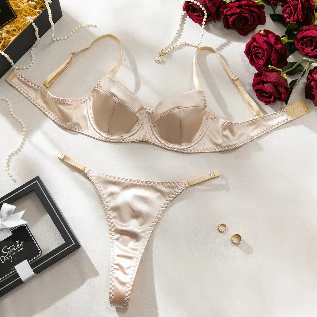 Push Up Underwire Satin 2 Pcs Sexy Bra Set Women Underwear Patchwork Bras and Thongs Suits Attractive Bilizna Intimate Set