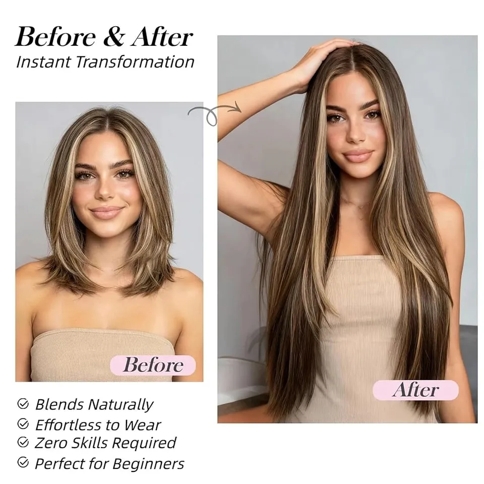24Inch Clip in Hair Extensions Invisible Synthetic Extension 6PCS Long Straight Heat Resistant Clips on Hairpieces for Women