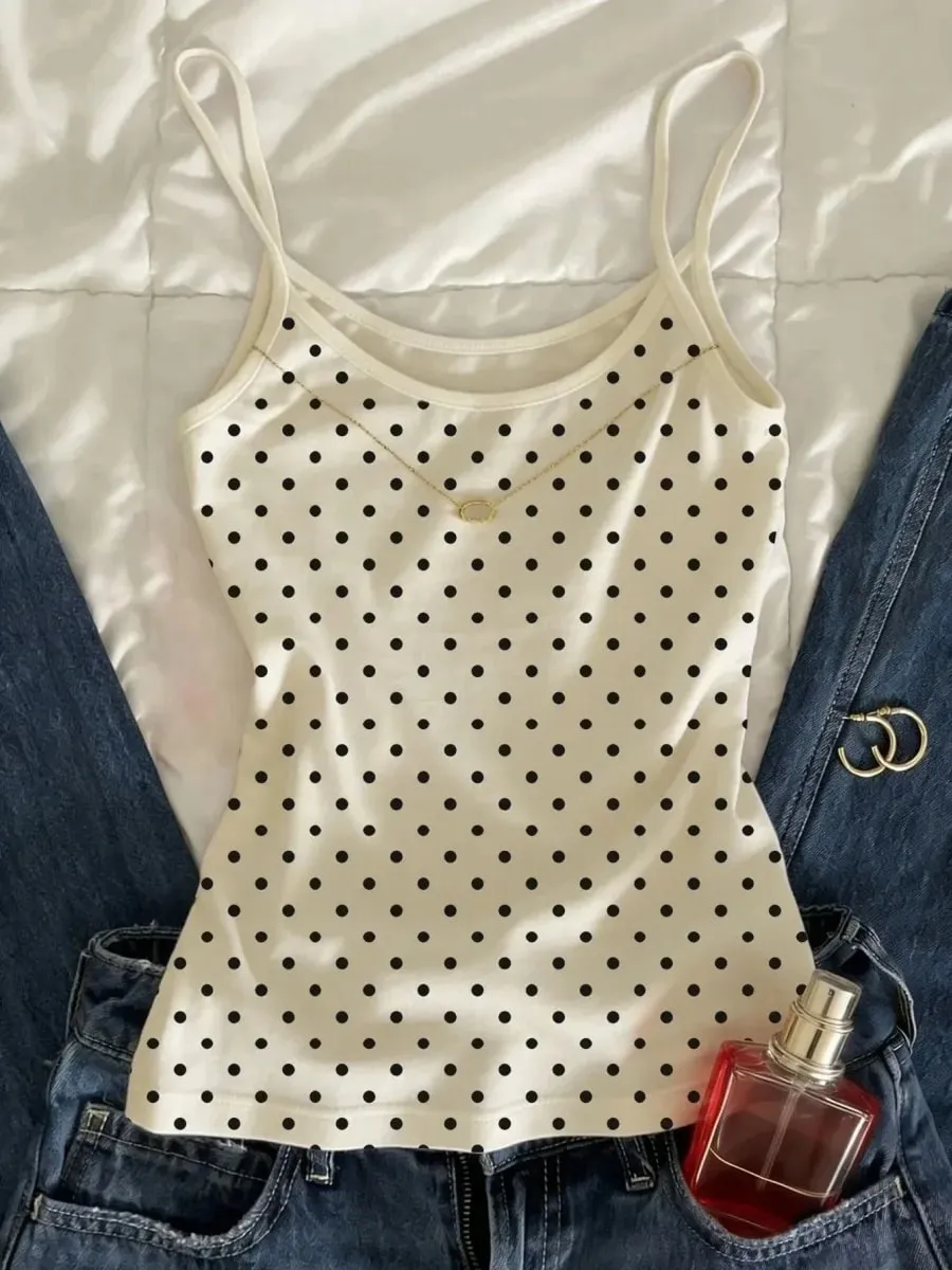 Women Polka Dot Camisole Tank Top Summer Casual Slim Fit Sleeveless White Basic Y2K Crop Top