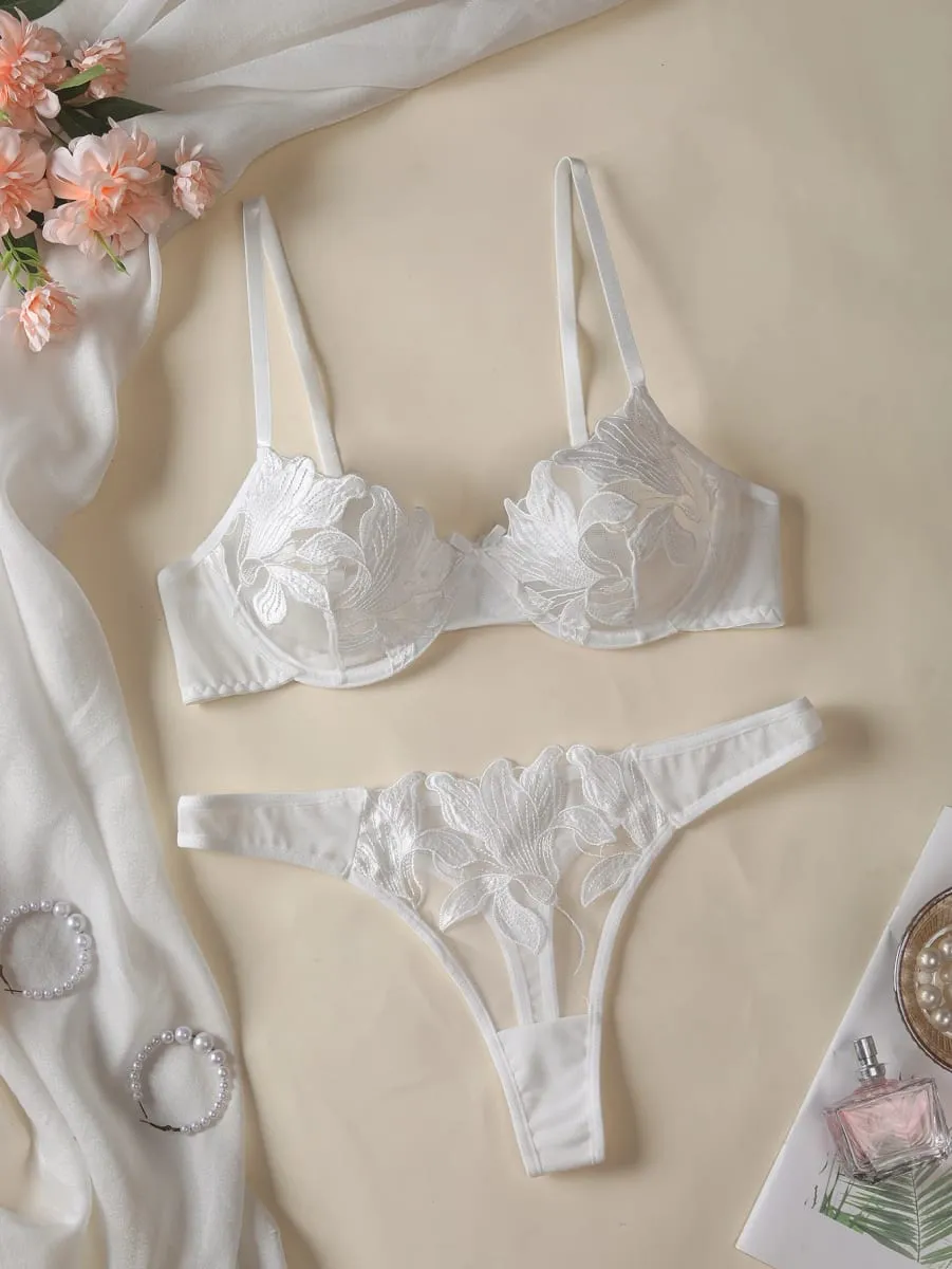 A1 Women White Floral Embroidery Lace Lingerie Set Sheer Mesh Underwire Bra Thong Panties 2 Piece Bridal Intimate Nightwear