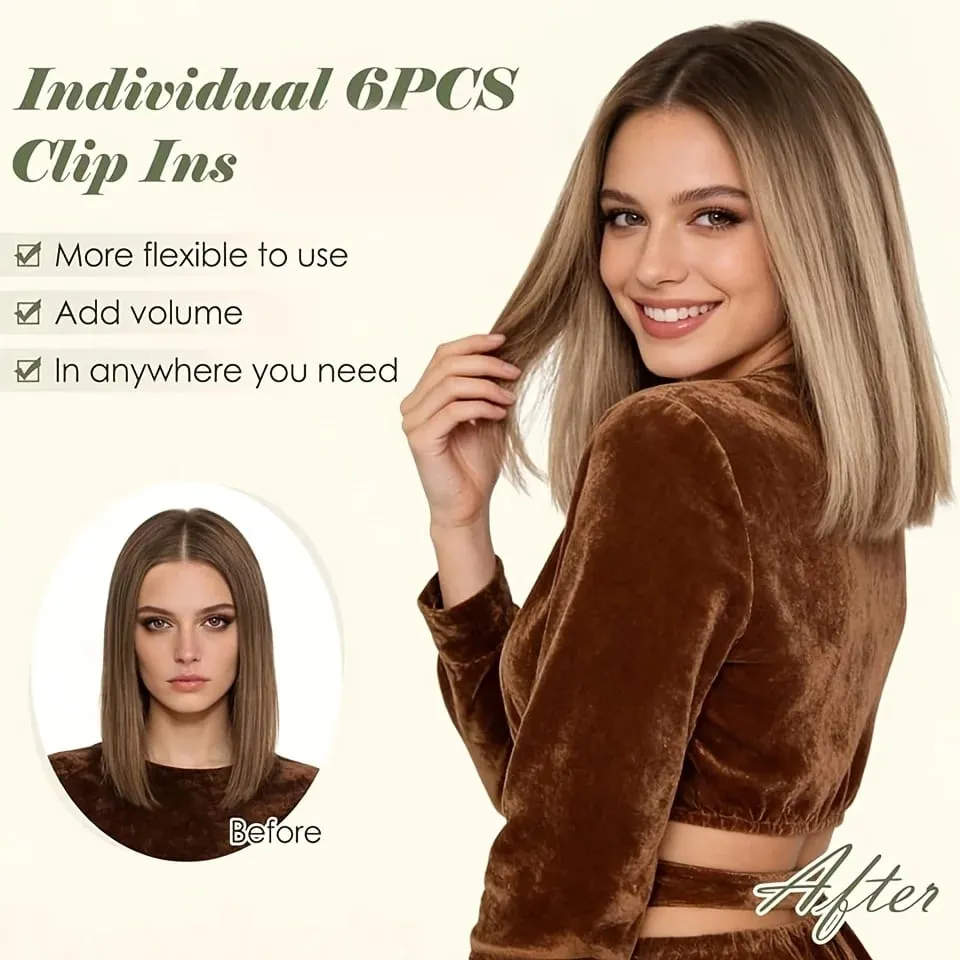 Straight Clip In Hair Extensions Synthetic 6Pcs Highlight Clip On Hair Pieces Thin For Women Short Bob Hairstyle Daily