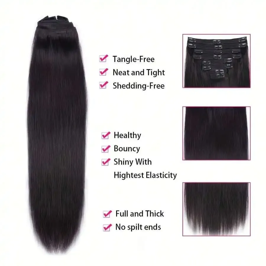 8pcs Clip In Hair Extensions Jet Black Straight Hair Rich Full Glossy Natural Finish For Various Looks 18 20 Inch