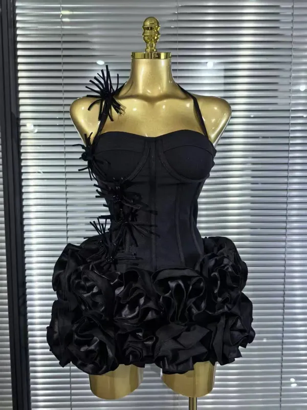 Women Sexy Halter Full Florals 2 Pieces Bodycon Mini Bandage Dress Celebrate Nightclub Party Birthday Outfit
