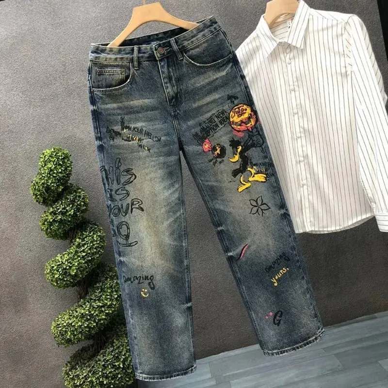 Spring and Autumn New Fashion Trend Print Straight Elastic Denim Pants for Men Casual Loose Retro Sport High-Quality Denim Jeans