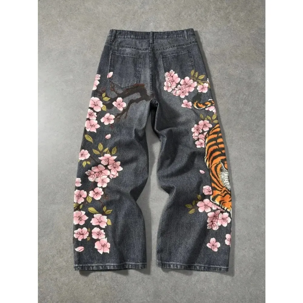 Y2K retro casual fashion high street pattern men's jeans floral tiger pattern loose high waist wide leg casual women's jeans