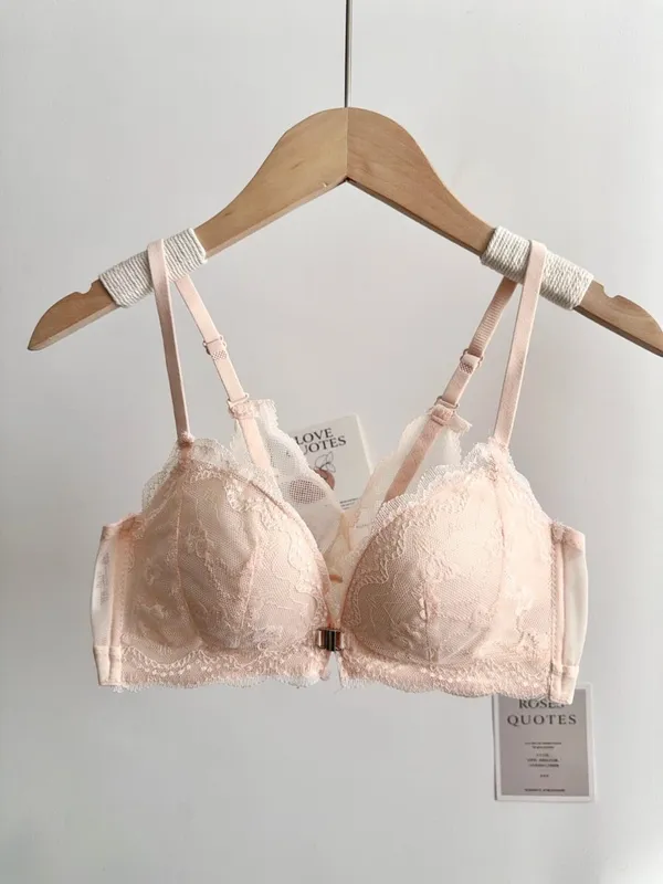 Women Small Bust Lace Bra Set Front Closure Wireless Beautiful Back Push‑Up Brassiere Soft Daily Lingerie Underwear Size 32‑38AB