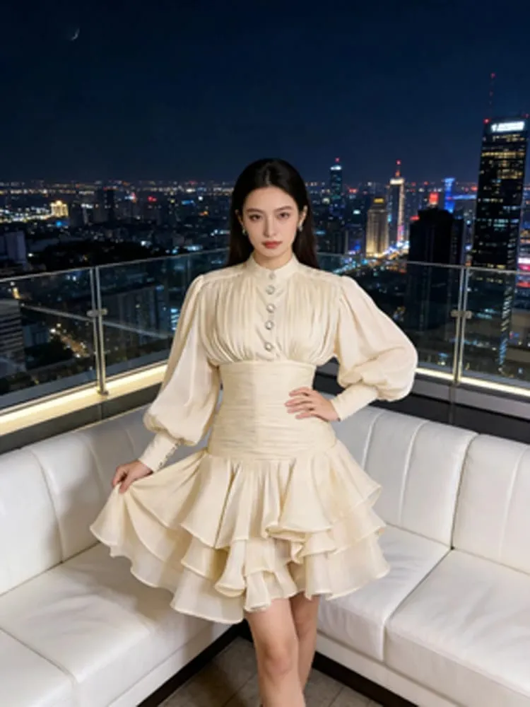 Chic Victorian-inspired Mini Dress Women Puff-sleeve Ruched Tiered Romantic Cottagecore Party Dresses 2026 Trendy Elegant Outfit