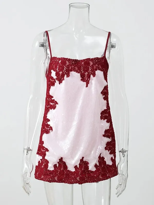 Sexy Sequin Lace Trim Patchwork Short Dress Women V-neck Sleeveless High Waist Mini Sling Dresses 2026 Summer Vacation Lady Robe