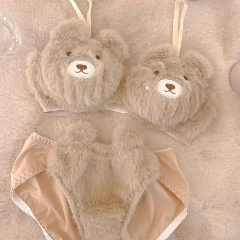 Cute Women Lingerie Set With Steel Ring Cartoon Bear Winter Bra & Brief Sets Soft Girl Warm Underwear Panties Suit Girl