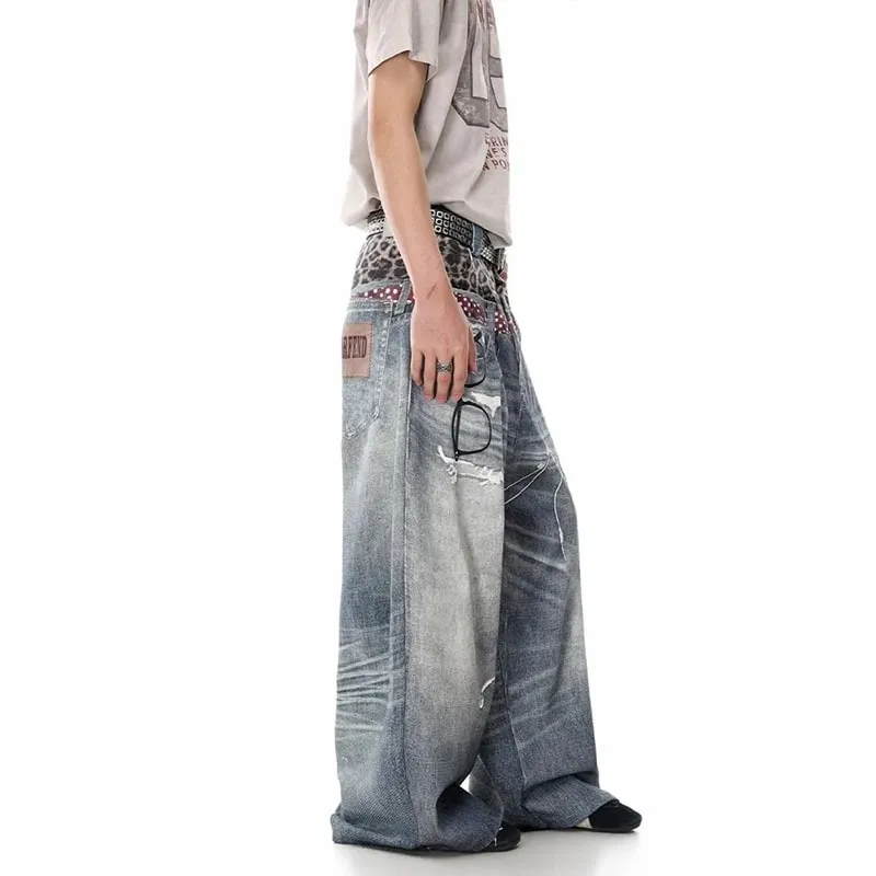 Men Blue Jeans Y2k Gyaru Punk Oversize 3D Print Denim Pants Vintage Hiphop Grunge Baggy Denim Trousers Alternative Clothes