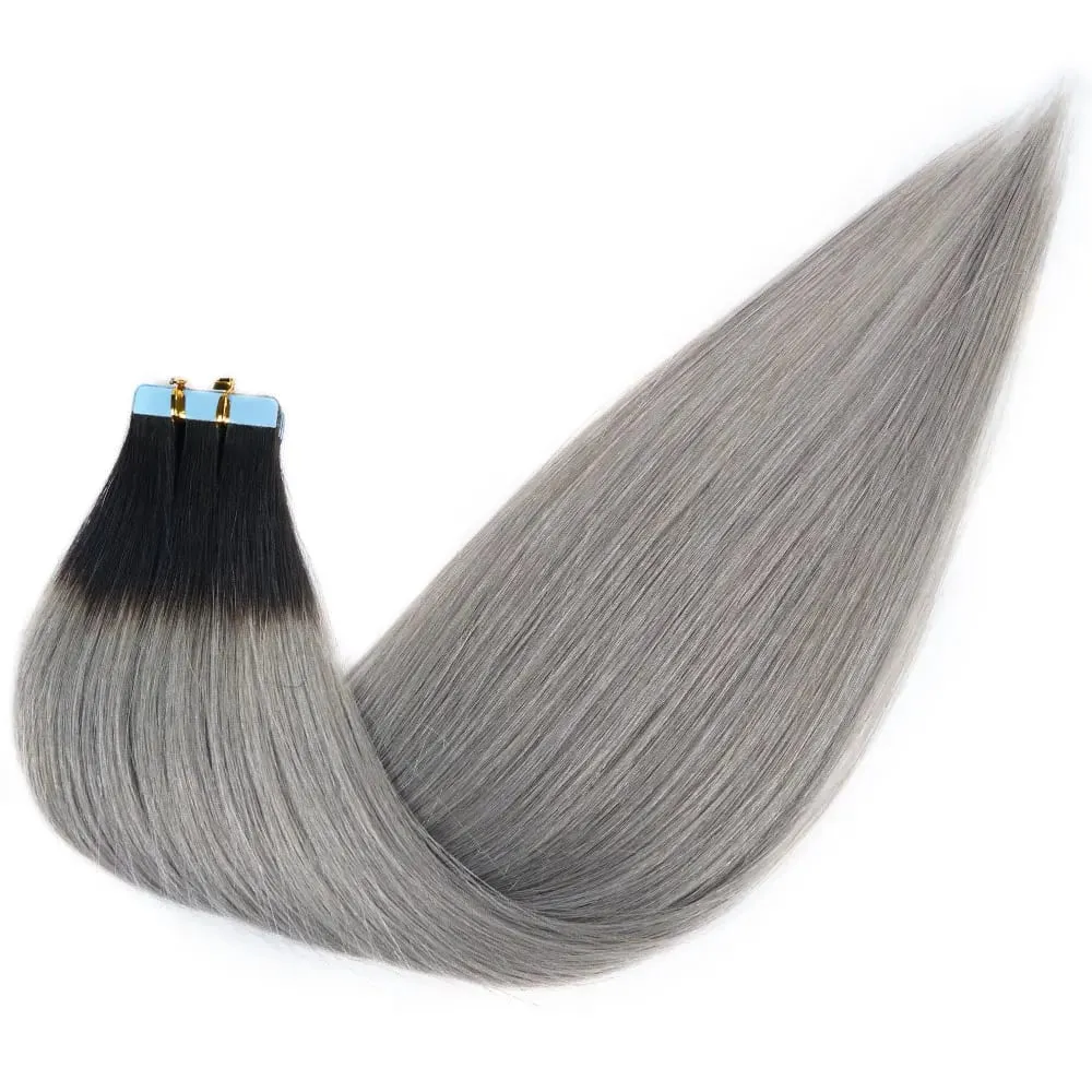 Doreen Châu Âu 100% Tóc Thật Của Con Người Băng Trong Phần Mở Rộng 16 Đến 24 50G 2.5G/cáiOmbre Đen Bạc xám Tóc PU Liền Mạch Băng Ins