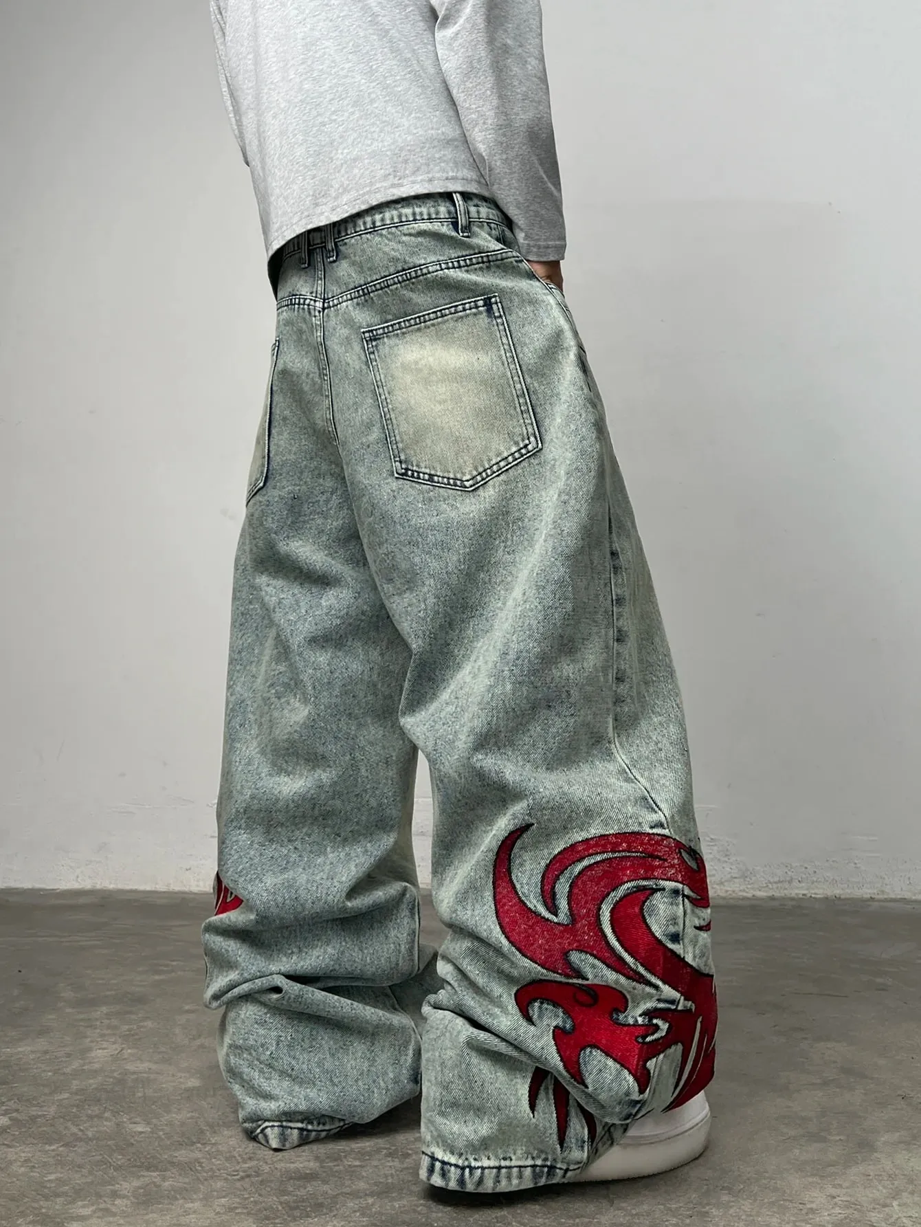 American Vintage Double-Waist Embroidery Design Blue Men's Loose Wide-Leg Jeans Y2K Street Hip-Hop Trendy Versatile Pants