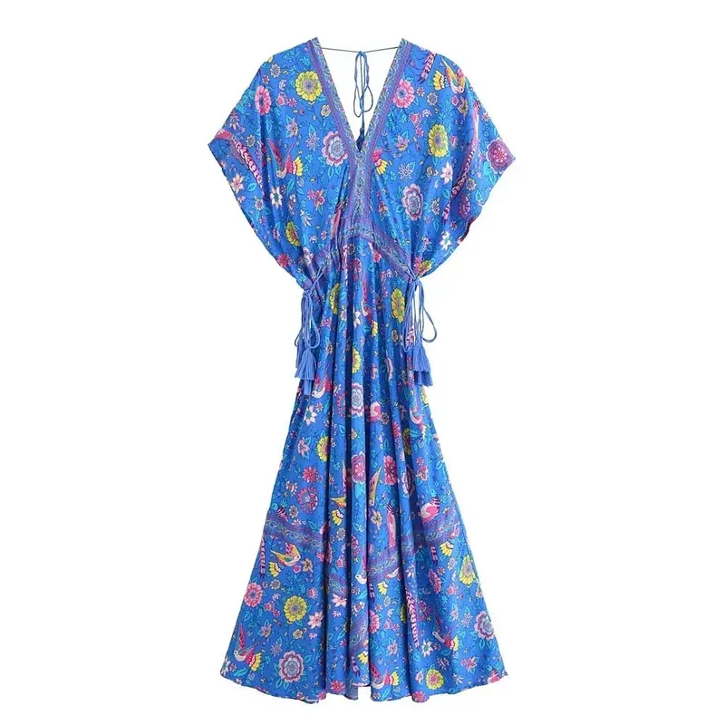 Boho Queens Wanita Merak Bunga Cetak Lengan Kelawar Pantai Bohemian Maxi Gaun Wanita V Leher Rumbai Gaun Musim Panas Vestidos