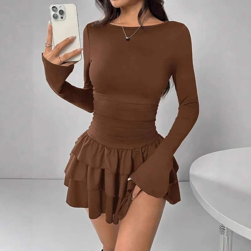 Autumn Winter Solid Color Slim Fit Cascading Ruffles Mini Dress Women Elegant Flare Sleeve High Waist Sexy Party Bodycon Dresses