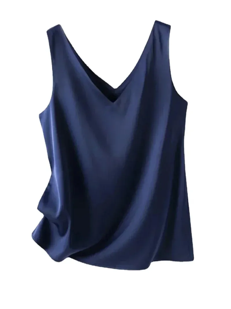 Kvinde T-shirts Elegant SILK Satin Bluse Ærmeløs Kvinde Sommer Casual Løse Tanks og Camis Ensfarvede grønne toppe til kvinder — image 1