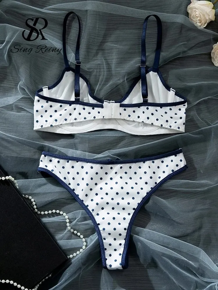 French Polka Dot Print Lingerie Sets Ladies Strap Underwire Bra+Sweet Briefs Hotsweet Vintage Underwear 2Pcs Suits