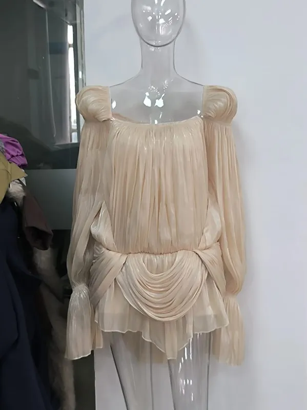 Cetim fora do ombro plissado mini vestido para as mulheres moda puff manga cinched cintura baile de formatura saia 2026 novos vestidos senhora verão