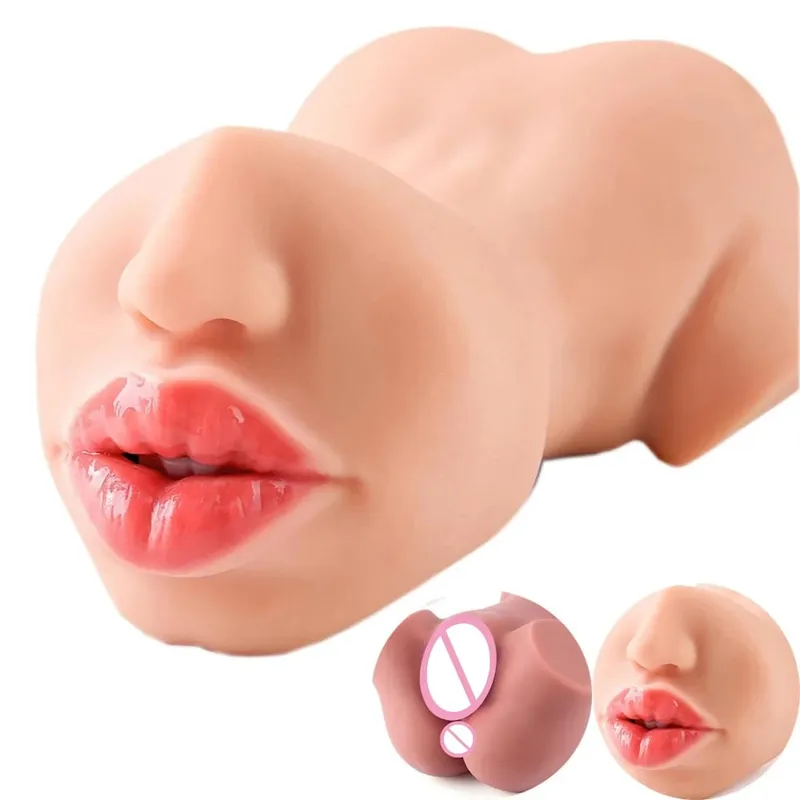 1pc Double-Ended Male Masturbation Sex Toy with Realistic Sexy Plump Lips Pocket Stroker Toy with Mouth Tongue&Textured Vagina
