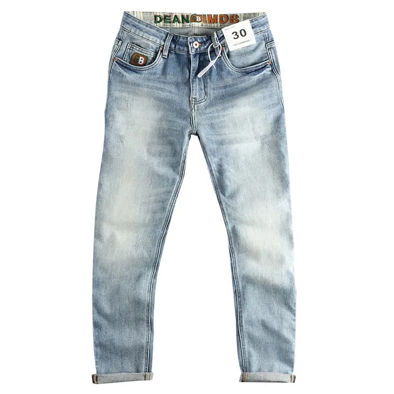 Ny tvätt ljusblå slipad vita jeans herr våren Amerikanskt modemärke små raka ben retro casual ungdomsbyxor — image 4