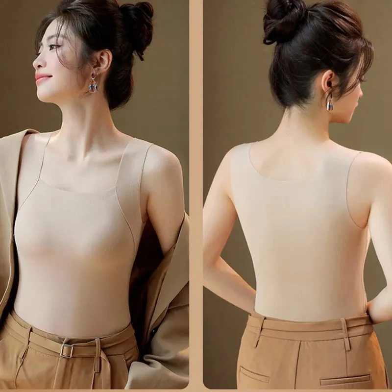 For 40-90kg Autumn Seamless Plus Size Thermal Vest With Build-in Bra For Women Fixed Cup Beauty Skin Tank Tops Square Collar