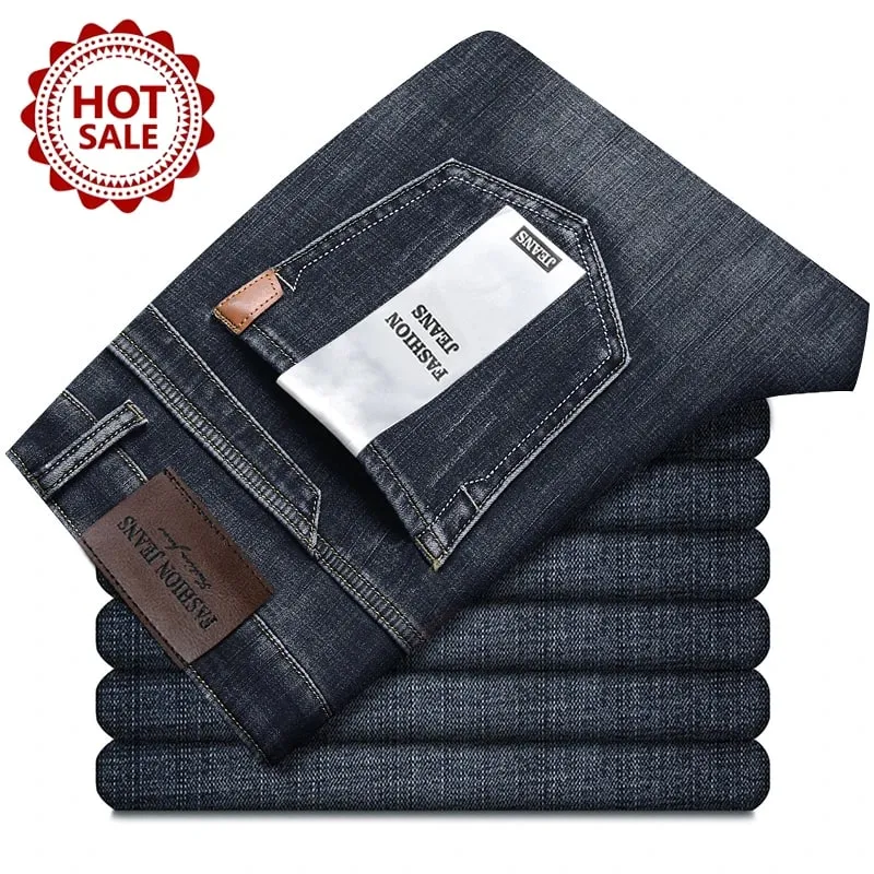 Autumn Winter Men's Jeans Classic Retro Grey Denim Pants Man Work Slim Straight Stretch Cotton Trousers Streetwear Plus Size 40