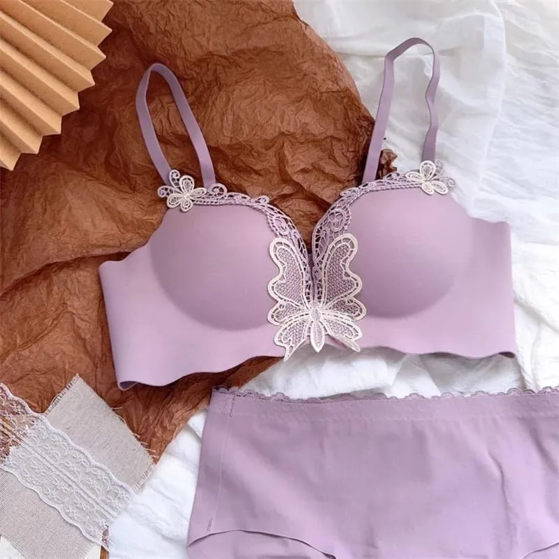 Butterfly Embroidery Non Wire Bras and Panty Set for Women Push Up Prevent Sagging Seamless Lingerie Sets Bralette Mujer Sutyen