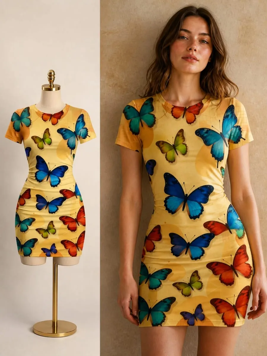 Kortærmet Dame Bodycon Minikjole Slim Fit Rundhals Blomsterprint Afslappet sommerfest Let flatterende festsolkjole