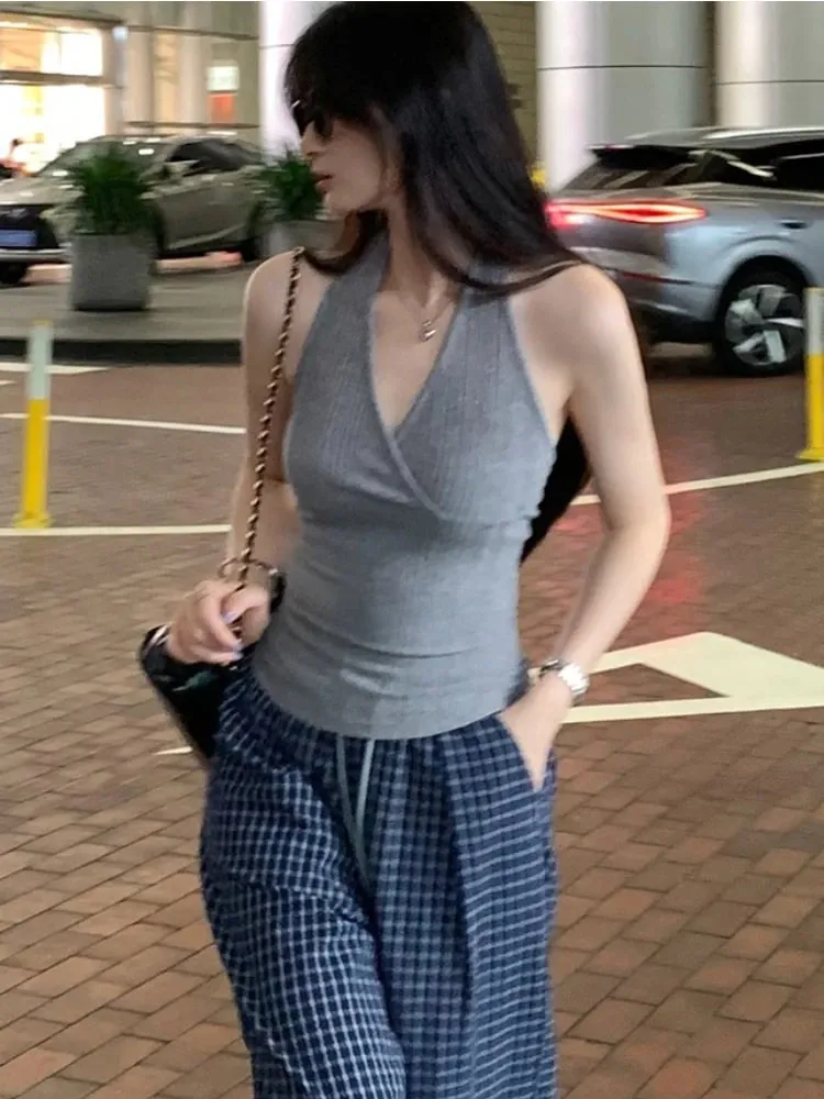 2026 Summer New Outer Wear Tank Top Spice Girl Style Halter Cross V Neck Women Camisole Korean Style Solid Color Crop Top