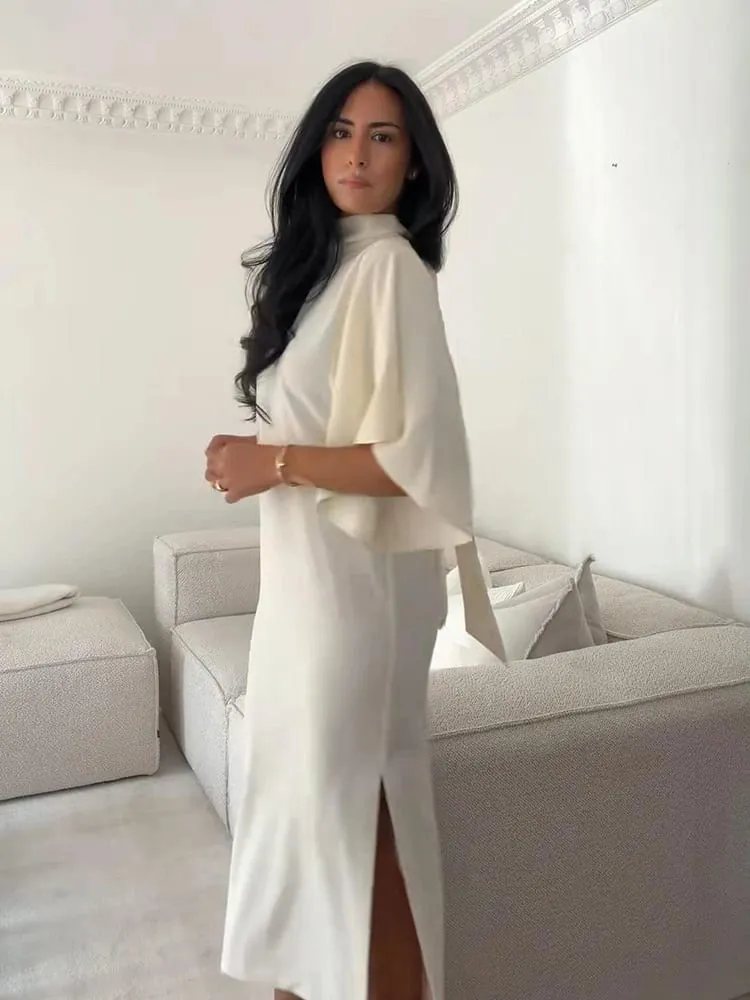 Women Solid Satin Maxi Dress High Neck Batwing Sleeve Loose Fit Front Slit Dresses Lady 2026 Summer Elegant Evening Party Outfit — image 5