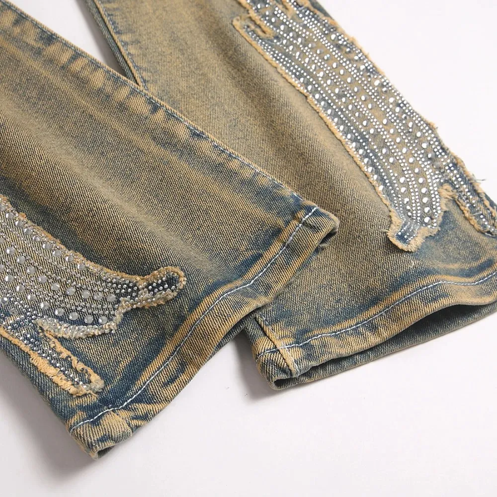 Men's Crystal Patch Denim Jeans Streetwear Rhinestone Boot Cut Pants Vintage Retro Blue Slim Flared Trousers — image 5