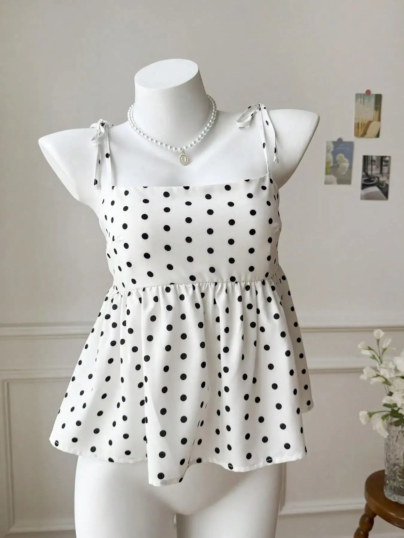 Women's Polka Dot Crop Cami With Spaghetti Straps And Flared Hem Polka Dot Camisole Babydoll Top Babydoll Tops Polkadot Top Cute