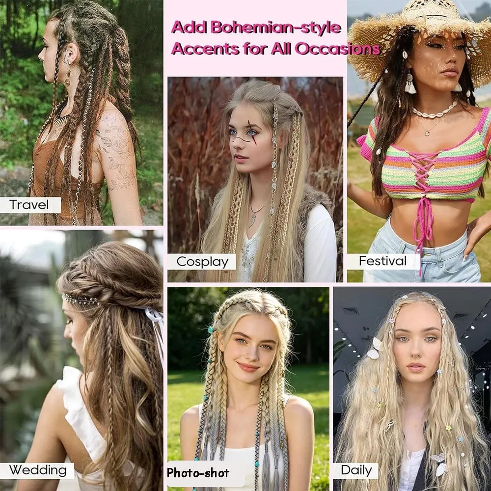 Bohemia Clip in Hair Extensions Fairy Hairpieces Synthetic Handmade Weaving Hair for Girls Party Halloween Christmas Festival