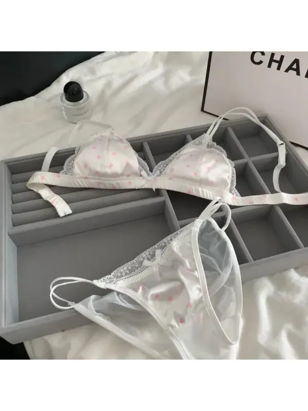 セクシーな Conjunto de bragas y sujetador de encaje satinado de estilo francés, lencería dulce sin aros con copa triangular fina para mujeres jóvenes de busto pequeño, talla 32-38