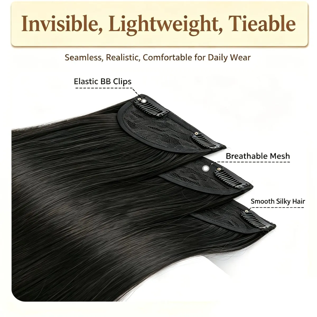 3 Pcs Invisible Seamless Clip in Hair Extensions Straight Synthetic Fiber Breathable Mesh Elastic BB Clips Lightweight Silky Hai