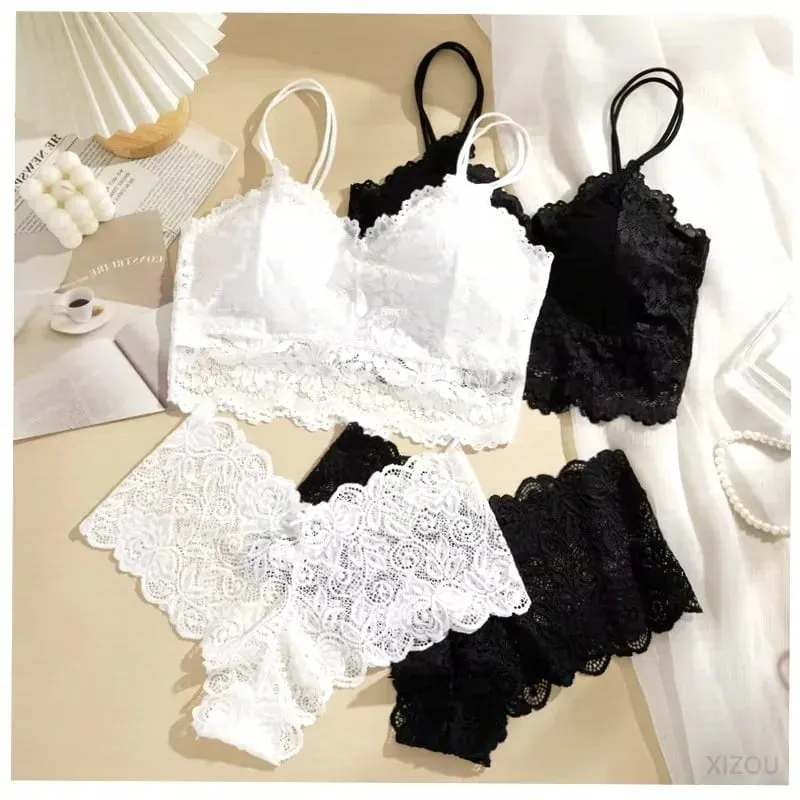 Women's Sexy Lace Bra And Panties Set Solid Color Back Hollow out Design Breathable Underwear with Lace Flower Detail No Steel R