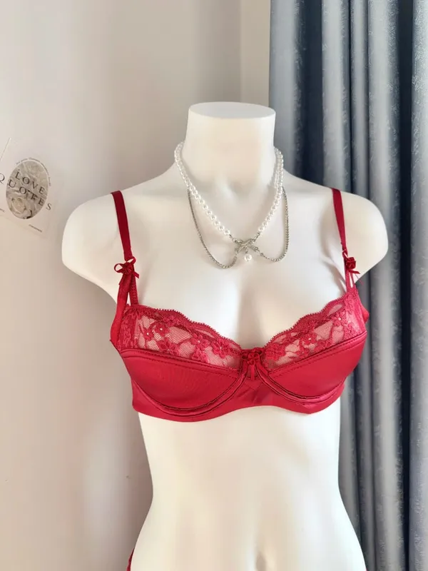 Popular Red Lace Minimizer Bra Set Ladies Half Cup Ultra Thin Big Bust Soft Support Bridal Party Honeymoon Night Out 32-38 Suit