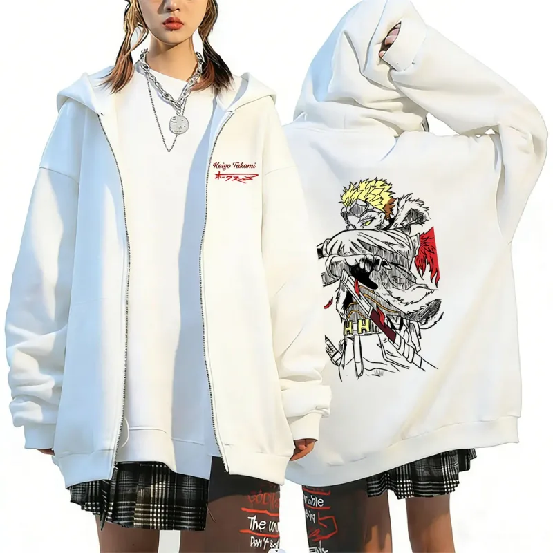 Anime My Hero Academia Zipper Hoodie Cartoon Takami Keigo Hawks Graphic Zip Up Jacket Men Women Manga Vintage Oversized Hoodies