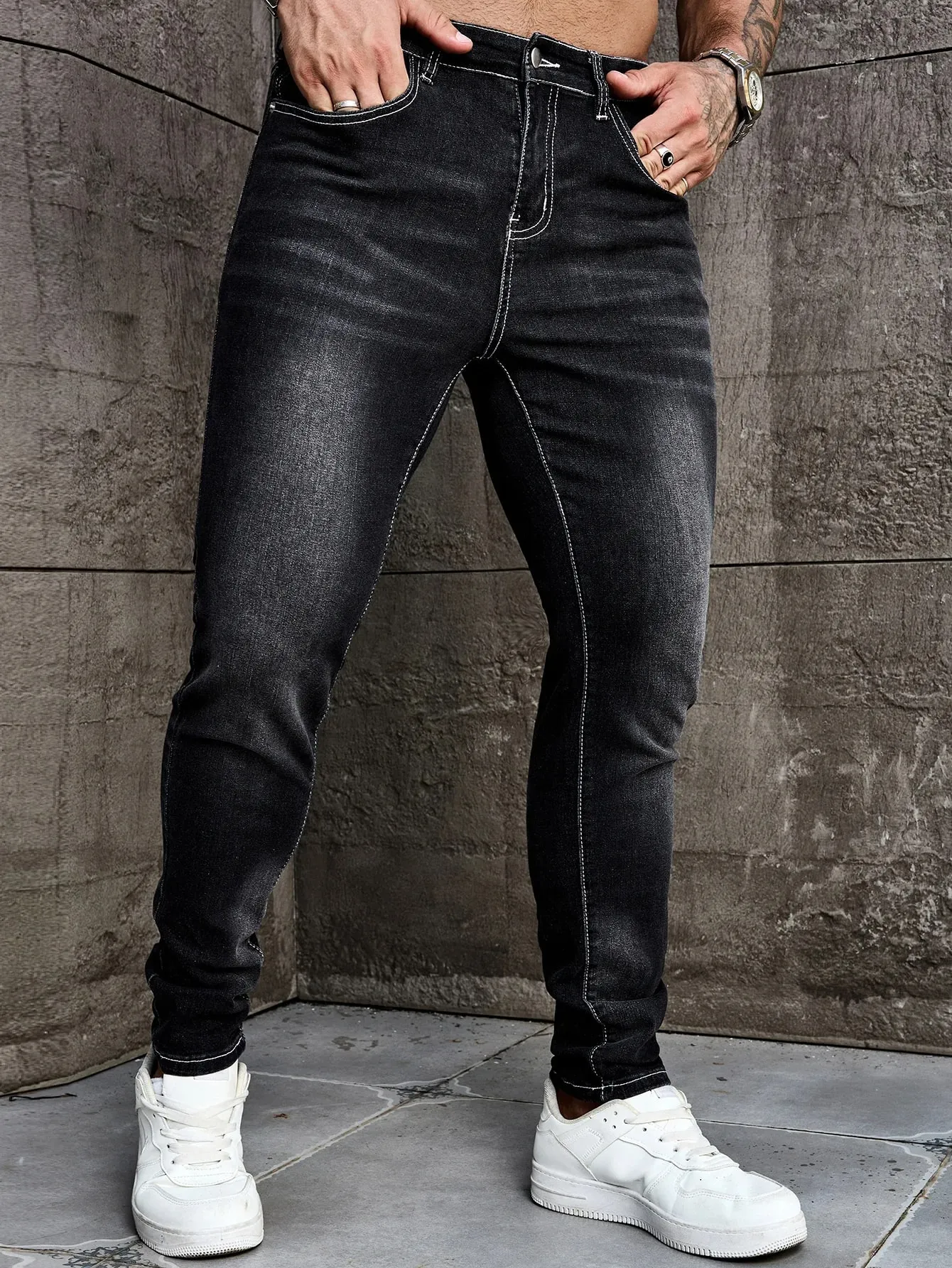 Men Jeans Denim Pants Clothing Trousers Men's Casual Black Washed Slim Fit Stretch Skinny Denim Pants