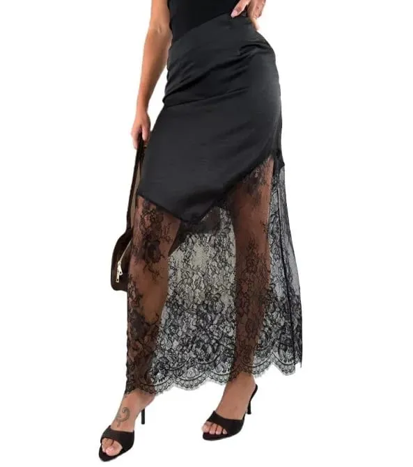2025 Sexy Patchwork Lace Skirts Women Elegant See-through Long Skirt Casual Lady New Party Summer Evening Street Daily Midiskirt