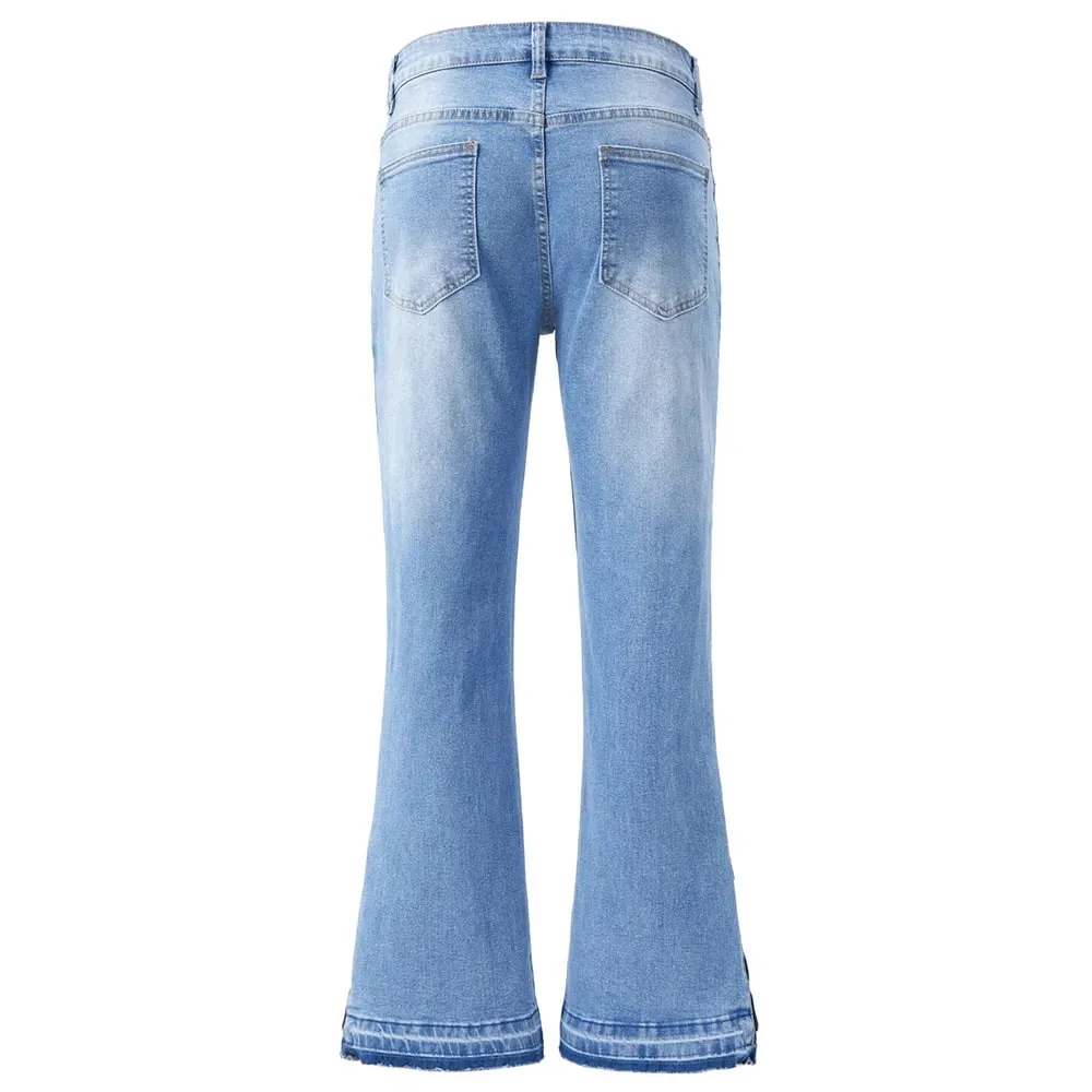 Men's Boot Cut Denim Jeans Streetwear Bottom Zipper Released Hem Pants Pure Color Blue Black Cotton Spandex Trousers