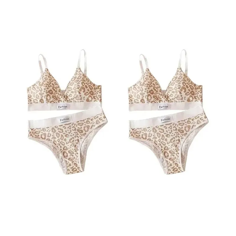 1/2/3set Women V-Neck Bra And Panties Set Low Waist Panties Female Sexy Lingerie Set Leopard Print Cotton Bra Sport Underwear