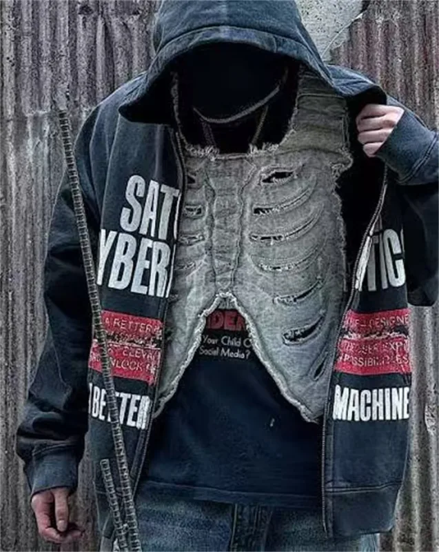 Street Brand 26SS“Cyber​​netics" Distressed Washed Old Zipper Cotton Winter High-Street Hoodies Sweater For Men